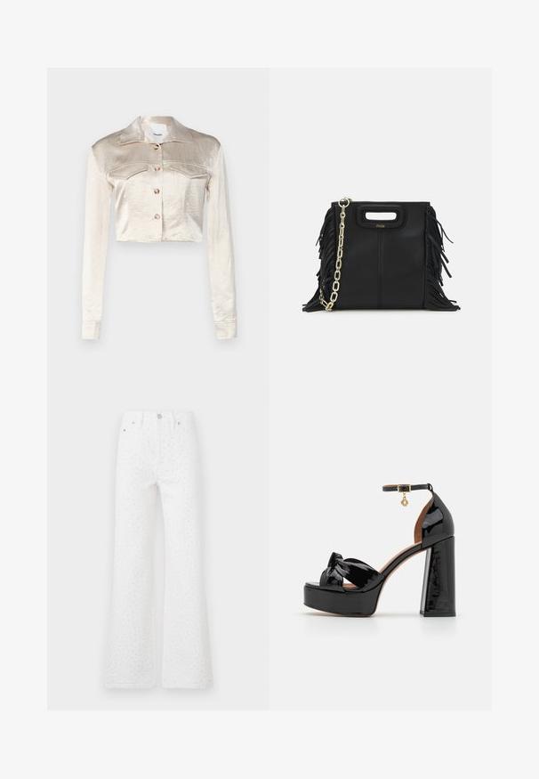 Zkrácená saténová bunda ve světle béžové barvě s límečkem, předním zapínáním na knoflíky, dvěma náprsními kapsami a dlouhými rukávy.; Bílý pletený top bez rukávů se čtvercovým výstřihem, širšími ramínky a volným střihem, s hladkým povrchem a bez vzorů.; Bílé rozšířené džíny z texturované látky s černými tečkami. Design s pěti kapsami a uzavíráním na předním tlačítku a zip.; Maje Sandály na vysokém podpatku - noir; Černá kožená kabelka s třásněmi, zlatým řetízkovým ramenním popruhem a rukojetí s výřezem. Na přední straně se nachází logo.