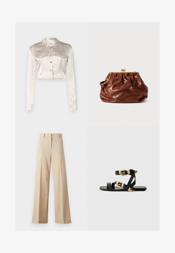 Lyhyt satiinitakki vaaleanbeigevärissä, jossa on pistekaulus, etupainalluskirjaus, kaksi rintataskua ja pitkät hihat.; Beige leveled trousers made from smooth fabric, featuring a flat front with folds, a zip fly, and belt loops. Overall tailored fit.; Mustat nahkakengät kultaisilla solkiyksityiskohdilla, joissa on useita hihnoja ja litteä pohjarakenteinen muotoilu avonaisille varpaille.; Ruskea nahkalaukku, jossa on kultainen puristuskahva ja lyhyt kultaketju, esittelee pehmeän, kerättyä pintaa valkoista taustaa vasten.