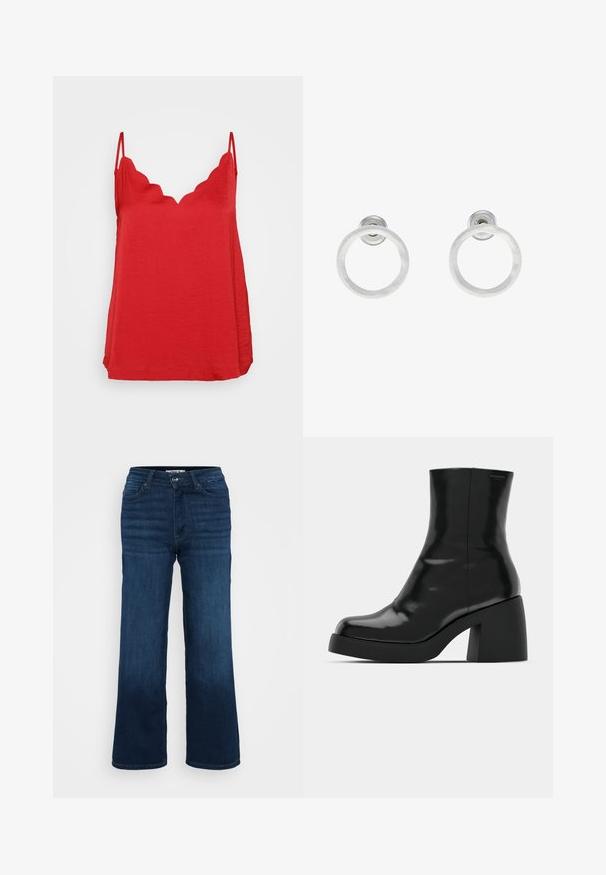 Raudonas be rankovių viršus su banguotu iškirpimu, pagamintas iš lengvos medžiagos su tekstūruotu paviršiumi ir laisvu siluetu.; ONLY Petite ONLMADISON BLUSH WIDE - Platėjantys džinsai - dark blue denim; Juodi kulkšniniai batai su blizgiu paviršiumi, kvadratiniu pirštu ir storu blokiniu kulnu. Dizainas pasižymi be siūlių siluetu ir minimalia ženklinimo. ; Sidabriniai metaliniai auskarai žiedų pavidalu su šveitimo tekstūra, turintys apvalų dizainą ir skaidrų laikiklį saugiam dėvėjimui.