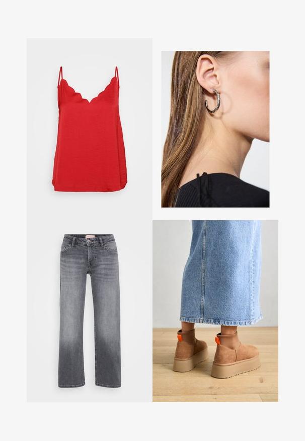 Top senza maniche rosso con scollatura a ondina, realizzato in tessuto leggero con un aspetto testurizzato e una silhouette dalla vestibilità ampia.; Jeans in denim grigio con design a gamba dritta, stile a cinque tasche, leggera sbiaditura e chiusura con bottone in vita.; Stivali platform in suede marrone con pannelli laterali elastici e linguette arancioni, abbinati a una gonna di jeans chiara, lunga fino al ginocchio, su un pavimento di legno.; Orecchino a cerchio in argento con finitura lucida, caratterizzato da piccoli dettagli in oro e una forma tondeggiante, indossato sul lobo.