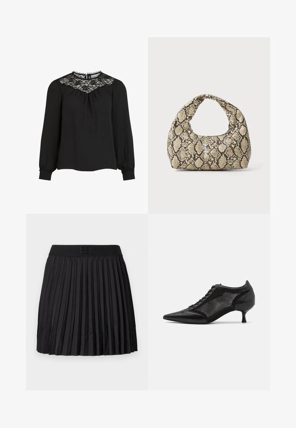Black long-sleeve blouse featuring a lace yoke, pleated front, and elastic cuffs. Detailed neckline with scalloped edges. Smooth fabric texture.; Black pleated skirt with a smooth texture, featuring a solid black waistband and an embossed logo detail at the front.; Black pointed-toe shoe with a mesh panel design, featuring a low heel and lace-up front. Made from a combination of leather and mesh material.; Snake-print handbag with a curved handle. Made from textured, beige and brown materials, featuring a distinctive diamond pattern.