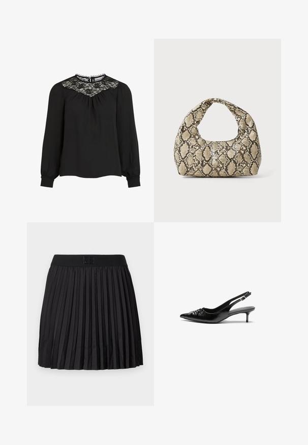 Juoda ilgomis rankovėmis palaidinė su nėriniuotu juosmeniu, raukšlėta priekyje ir elastingais rankogaliais. Išsamus iškirpimas su banguotais kraštais. Lygi audinio tekstūra.; Juoda klostuota sijonas su glotnia tekstūra, turintis tvirtą juodą juosmenį ir iškilnų logotipo detalę priekyje.; Juodos odinės slingback aukštakulniai su smailiu nosiu, mažais katės kulnais ir dekoratyvine mazgo detale priekyje. Visas paviršius lygus.; Gyvatės rašto rankinė su kreiviu rankenėle. Pagaminta iš tekstūruotų smėlio ir rudos spalvos medžiagų, su išskirtiniu rombo raštu.