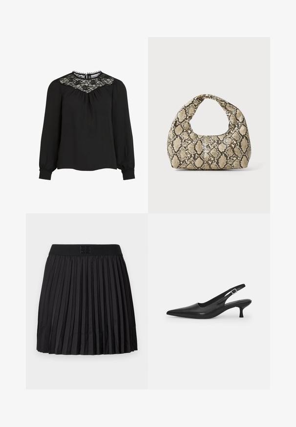 Fekete, hosszú ujjú blúz, csipke yokkával, pliszírozott elülső résszel és elasztikus mandzsettákkal. Kidolgozott nyakrésszel, fodros szélekkel. Sima szövet textúra.; Fekete, pliszírozott szoknya sima textúrával, egyszínű fekete derékrésszel és a fronthoz írt logóval.; Fekete bőr szandálcipő hegyes orral és karcsú, ívelt sarokkal. Diszkrét, állítható pánttal rendelkezik, fém csattal.; Kígyómintás kézitáska ívelt fogantyúval. Texturált, bézs és barna anyagból készült, jellegzetes gyémántmintával.