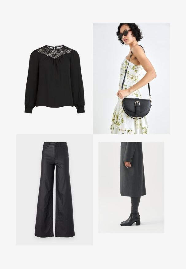 Crna bluzica dugih rukava sa čipkastim detaljima, naboranim prednjim dijelom i elastičnim manžetama. Urezani dekolte s valovitim rubovima. Glatka tekstura tkanine.; Crne široke hlače od umjetne kože. Imaju visoki struk, petlje za remen, dva prednja džepa i šivanu obradu.; Sivi, krojeni kaput ravnog kroja; uparen s crnim kožnim čizmama do koljena koje imaju četvrtasti vrh i debeli potplat.; Crna kožna torba s lukovitim oblikom, odvojivim remenom i zlatnim detaljima. Torba ima preklop s kopčom.