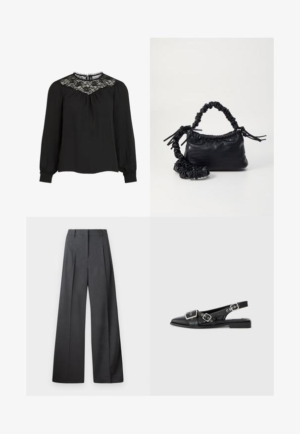 Svart bluse med lange ermer som har en blonde-yoke, plisserte detaljer foran og elastiske mansjetter. Utsøkt halslinje med bølgede kanter. Glatt tekstur på stoffet.; Vide bukser i mørkegrått stoff med høy livlinje, enkel press, og en glatt tekstur med en ren finish på ermekantene.; Svart lær slingback-sko med spiss tå, to sølvspenner og lav blokkhels. Har en strukturert overdel og åpen bak.; Svart faux skinn-håndveske med krokodilletekstur, strammet topp og en rynket stropp. Ser myk og kompakt ut i designen.