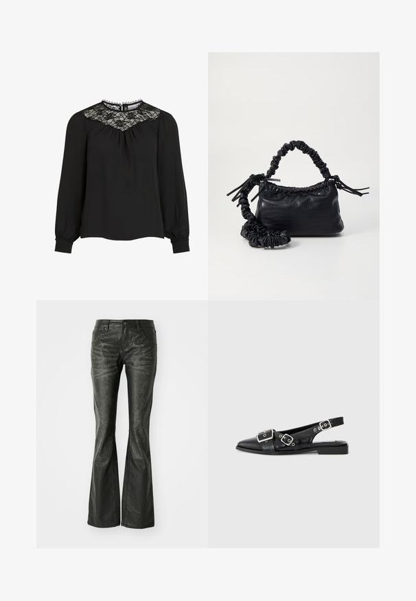 Bluză black cu mânecă lungă, featuring un yoke din dantelă, față pliată și manșete elastice. Guler detaliat cu margini zimțate. Textură de țesătură netedă.; Jeans din piele ecologică negri, cu buzunare frontale, închidere cu buton metalic și o suprafață ușor texturată. Croială dreaptă cu tăiere lungă.; Pantofii slingback din piele neagră, cu vârf ascuțit, două catarame argintii și toc mic pătrat. Prezintă un exterior texturat și spate deschis.; Geantă din faux leather neagră cu textură de crocodil, cu partea superioară strânsă și o curea mototolită. Pare moale și compactă ca design.