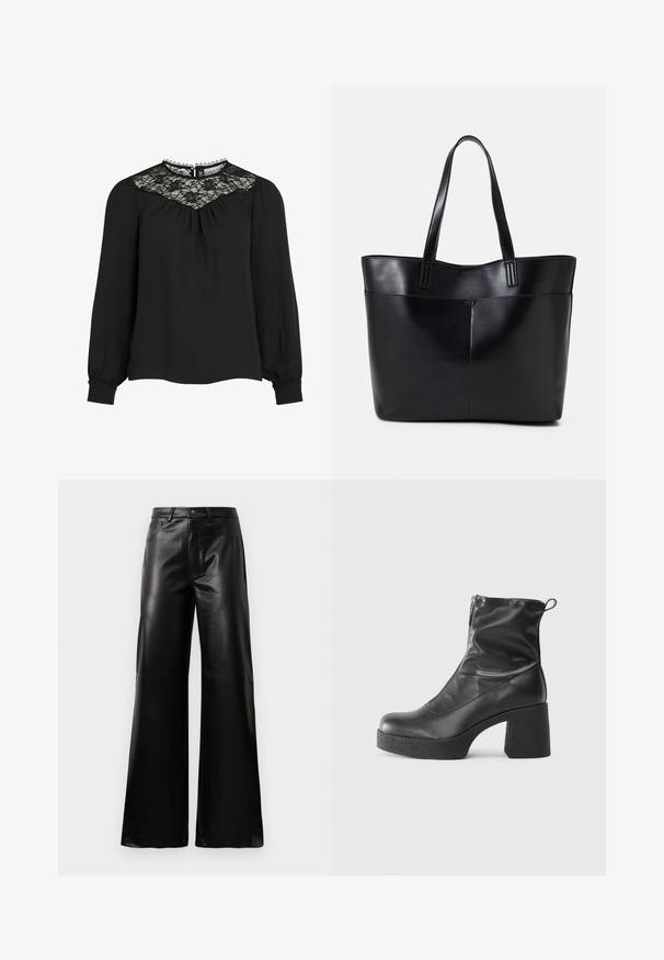 Must have debeeaza mustustega pluus, millel on pitsist kaelaosa, volditud esiosa ja elastsed mansetid. Detailne kaelus, millel on lainelised servad. Sile riidetextuur.; Mustad talje laiad jalad kunstnahast püksid esipaneeli nööbi ja lukuga, vöödega ja küljetaskutega valge tausta peal.; Mustad mustad ansapüksid, mis on valmistatud siledast nahast, külje zipperiga, paksu tekstuuriga kontsaga ja ümmarguse nina disainiga.; Must mustaga musta nahast, millel on kaks pikka kanda, sile tekstuur ja struktureeritud kuju. Esipoolsel on lisakoti jaoks tasku.