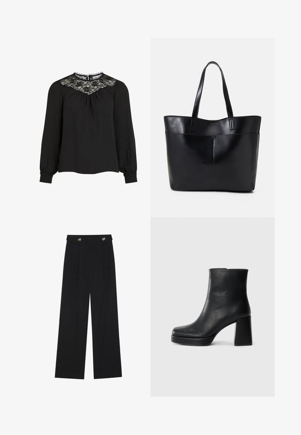 Black long-sleeve blouse featuring a lace yoke, pleated front, and elastic cuffs. Detailed neckline with scalloped edges. Smooth fabric texture.; Black wide-leg trousers with high waist, button details on waistband, and front pleats.; Black leather ankle boot with a block heel and platform sole, viewed from the side on a plain white background.; Black leather tote bag with two long handles, a smooth texture, and a structured shape. Features a front pocket for additional storage.