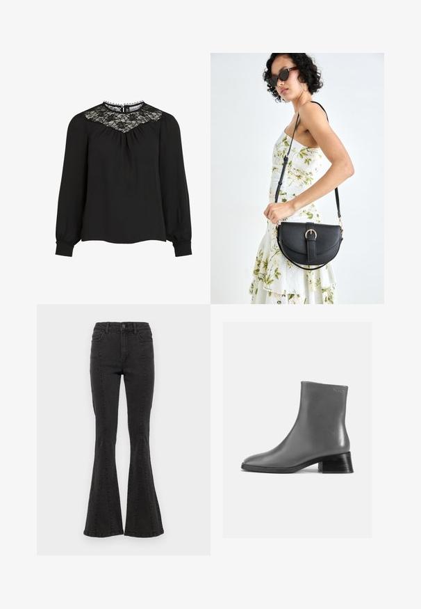 Blusa preta de manga longa com pala de renda, frente plissada e punhos elásticos. Decote detalhado com bordas em scallop. Textura de tecido suave.; Calças de ganga flared pretas com cintura alta, apresentando costuras laterais e um acabamento limpo na bainha. O tecido tem uma textura suave com ligeira elasticidade.; Bota de tornozelo em couro cinza com bico arredondado e um tacão preto curto e empilhado. Textura lisa com detalhes mínimos.; Bolsa de couro preta com forma curva, alça destacável e detalhes em dourado. A bolsa possui uma aba com detalhe de fivela.