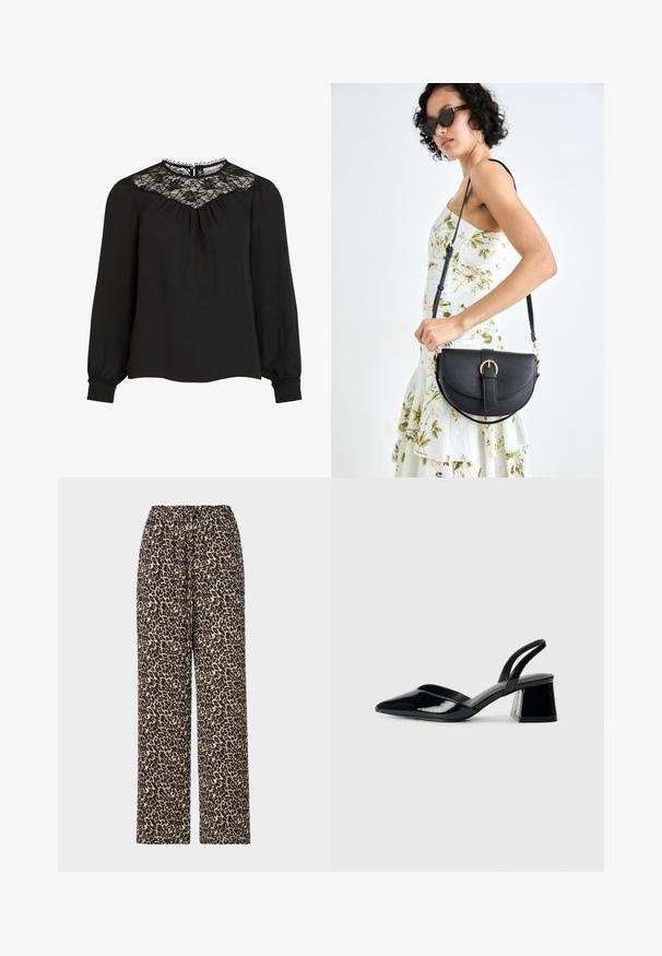 Blusa preta de manga longa com pala de renda, frente plissada e punhos elásticos. Decote detalhado com bordas em scallop. Textura de tecido suave.; Calças com padrão de estampado de leopardo apresentam um padrão preto e bege, cintura elástica e corte reto. Feitas de um tecido suave e leve.; Sandy em verniz preto com salto slingback, ponta afilada e salto geométrico. Apresenta um design elegante e minimalista com textura suave.; Bolsa de couro preta com forma curva, alça destacável e detalhes em dourado. A bolsa possui uma aba com detalhe de fivela.