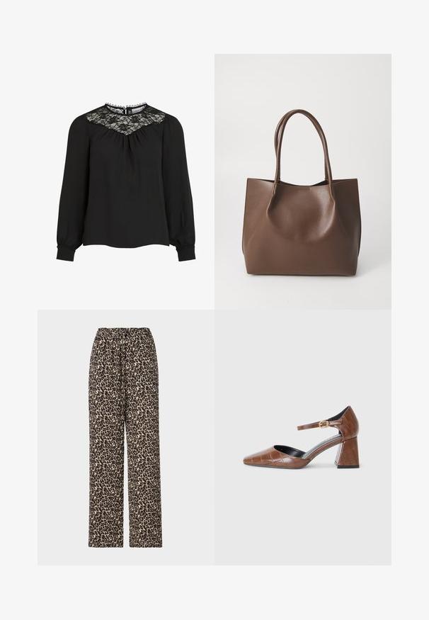 Black long-sleeve blouse featuring a lace yoke, pleated front, and elastic cuffs. Detailed neckline with scalloped edges. Smooth fabric texture.; Leopard print trousers feature a black and beige pattern, elastic waistband, and straight leg design. Made from soft, lightweight fabric.; Brown patent leather pump with a square toe, textured croc pattern, ankle strap with gold buckle, and a chunky heel.; Brown leather tote bag with two long handles, structured shape, smooth texture, and minimalistic design. No visible hardware or accents.