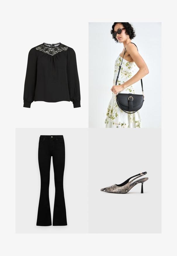 Svart bluse med lange ermer som har en blonde-yoke, plisserte detaljer foran og elastiske mansjetter. Utsøkt halslinje med bølgede kanter. Glatt tekstur på stoffet.; Sorte høytlivsjeans med knapp og glidelås, frontlommer og utsvingte bein liggende flatt på en hvit bakgrunn.; Pekefotede slingback-sko laget av teksturert slange-print materiale, med en slank svart hæl og et utskjæringsdesign på sidene.; Svart lærveske med en buet form, avtagbar stropp og gullbeslag. Vesken har et klaff med spenne-detall.
