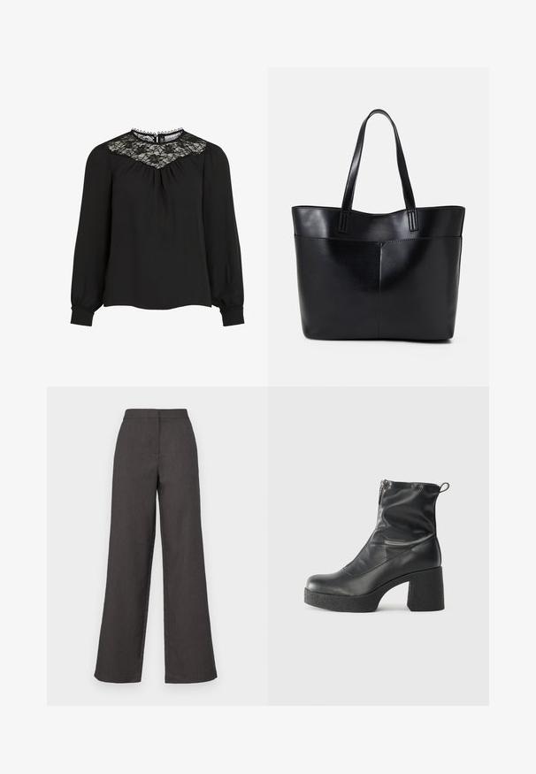Blusa nera a maniche lunghe con yoke in pizzo, parte frontale plissettata e polsini elastici. Collo dettagliato con bordi ondulati. Texture del tessuto liscia.; Pantaloni a gamba larga in tessuto grigio scuro, con vita alta e finitura liscia. Linee pulite senza motivi o decorazioni visibili.; Stivali neri alla caviglia in pelle liscia, con zip laterale, tacco spesso e texture, e punta arrotondata.; Borsa a tracolla in pelle nera con due manici lunghi, una texture liscia e una forma strutturata. Presenta una tasca frontale per ulteriore spazio di archiviazione.