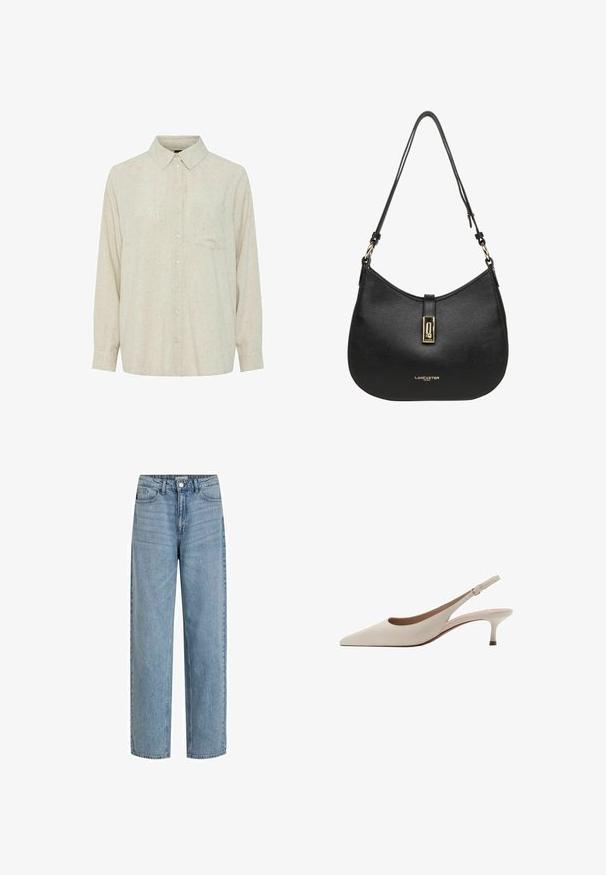 Camicia a maniche lunghe di un beige chiaro, con colletto, tasca frontale e piccoli bottoni, realizzata in un tessuto a trama strutturata.; Jeans a vita alta di colore blu chiaro realizzati in denim. Presentano gambe dritte, design a cinque tasche e chiusura frontale con bottone.; Tacchi slingback beige con punta affusolata e tacco basso a campana. Realizzati in pelle liscia con un design minimalista e cinturino regolabile.; Borsa a tracolla in pelle nera con un design curvo, dotata di una chiusura in metallo dorato e logo in rilievo sulla parte anteriore. Superficie testurizzata.