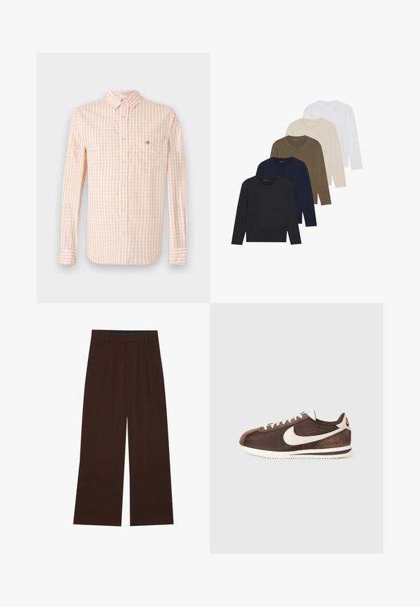 Cămașă cu mâneci lungi din țesătură în carouri portocalii deschise și albe, cu guler cu nasturi și buzunar pe piept. Are un logo subtil pe buzunar.; Cinci cămăși cu mânecă lungă într-un gradient de culori: bleumarin închis, bleumarin, verde măslin, bej și alb. Fiecare are un guler rotund și o textură netedă.; Pantaloni maro, cu picioare largi, cu pliuri. Realizați dintr-un material neted, având o talie cusută și buzunare laterale. Tiv plat la baza.; Tenisi maro, cu un amestec de materiale suede și pânză, având un logo alb Nike swoosh și o talpă texturată din cauciuc.
