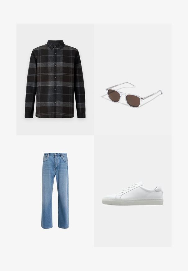 Flannel shirt in black and gray plaid, featuring a point collar, button front, and two chest pockets. Soft texture and long sleeves.; Light blue denim jeans with a straight-leg design, five pockets, button closure, minimal fading, and contrasting stitching details.; White sneaker with a smooth leather upper and a low profile. Features a rounded toe, six eyelets, and a textured rubber sole.; Clear plastic sunglasses with rectangular brown lenses, featuring thin, transparent arms and metal accents on the temples.