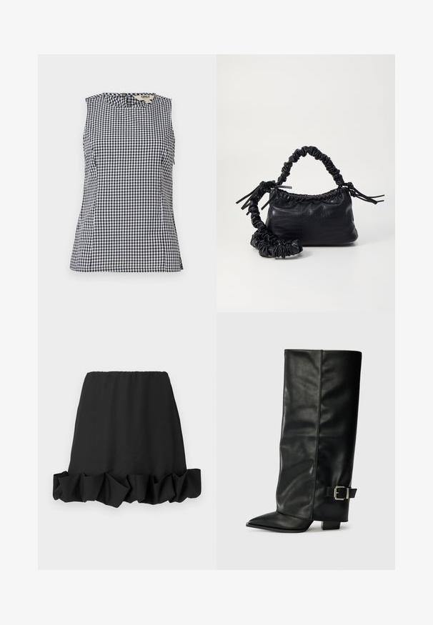 Čierna a biela kockovaná vzorovaná bezrukávová blúzka s okrúhlym výstrihom a jemnými bočnými detailmi, vyrobená z ľahkého materiálu.; Čierna sukňa s volánom na leme, vyrobená z ľahkého materiálu. Má elastický pás pre pohodlné nosenie. Jednoduchý a všestranný dizajn.; Čierne kožené členkové topánky s špicatou špičkou, hladkou textúrou a striebornou prackou na boku. Masívny štvorcový podpätok.; Čierna umelá kožená kabelka s kroko vzorom, sťahovaným vrchom a zhnutým popruhom. Vyzerá mäkko a kompaktné v dizajne.