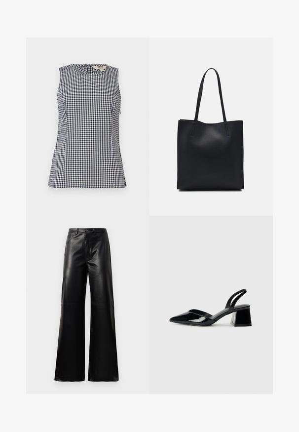 Top senza maniche con motivo a quadri bianco e nero, dal collo rotondo e con dettagli laterali sottili, realizzato in tessuto leggero.; Pantaloni ampi a vita alta in ecopelle neri con bottone frontale, chiusura con zip, passanti per cintura e tasche laterali su sfondo bianco.; Décolleté in vernice nera con punta affusolata e tacco in geometria cubica. Presentano un design elegante e minimalista, con una texture liscia.; Borsa tote in pelle nera con texture liscia, forma rettangolare e due manici lunghi. Nessun hardware o decorazione visibile.