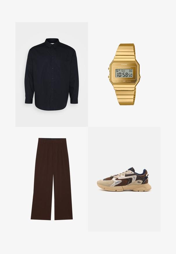 Pier One Camicia - black; YOURTURN UNISEX 3 PACK BASIC OVERSIZED T-SHIRT - T-shirt basic - dark brown/off-white/dark grey; Pantaloni larghi marroni con pieghe. Realizzati in un tessuto liscio, presentano una vita sagomata e tasche laterali. Orlo piatto in fondo.; Sneaker beige e marrone con pannelli in mesh testurizzati, accenti in suede e suola in gomma. Presenta un design con lacci e dettagli brandizzati.; Orologio digitale Casio con cassa e bracciale in acciaio inossidabile placcato oro a forma ottagonale, dotato di display LCD, sveglia e resistenza all'acqua.