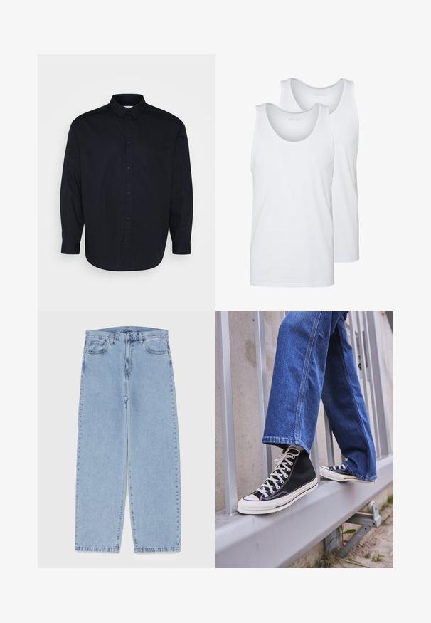 Pier One Overhemd - black; Witte katoenen tanktops met ronde halslijnen, met een soepele textuur. Twee stuks tentoongesteld, gemerkt "PIER ONE."; Lichtblauwe denim jeans met een recht model, voorzien van een middelhoge taille, vijf zakken en een knoop- en ritssluiting.; Zwarte hoge sneakers met witte zool en veters, gecombineerd met losse blauwe denim jeans, rustend op een grijze leuning.