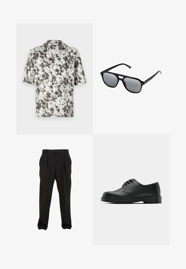 Camicia a maniche corte con bottoni in tessuto leggero, con una base bianca decorata da un motivo astratto in nero e grigio, e colletto a V.; Top in cotone bianco, design senza maniche, collo rotondo, texture liscia, realizzato in un tessuto morbido e leggero. Due pezzi esposti.; Pantaloni neri in tessuto morbido, con pieghe frontali, vita con bottone e polsini a gamba affusolata. Silhouette classica e sartoriale.; Scarpa oxford in pelle nera con design con lacci, punta arrotondata, suola piatta in gomma e dettagli di cucitura discreti lungo la parte superiore.; Occhiali da sole neri con montatura rettangolare, lenti grigie oscurate e design con intaglio sul ponte. Materiale plastico lucido e slanciato, con tempie sottili.