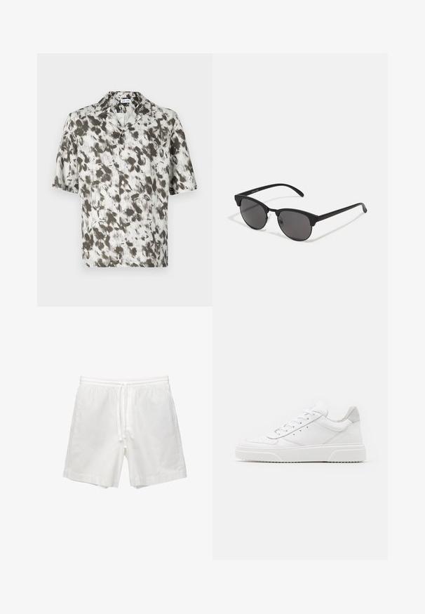 Camicia a maniche corte con bottoni in tessuto leggero, con una base bianca decorata da un motivo astratto in nero e grigio, e colletto a V.; Shorts bianchi in cotone con vita elasticizzata e cordino, tasche laterali e taglio dritto con orli rifiniti.; Sneaker bianche in pelle con finitura liscia, punta arrotondata, lacci piatti e suola texturizzata. Accento in suede grigio sul tallone.; Occhiali da sole neri con lenti rotonde, finitura opaca e forma distintiva a occhio di gatto. Astine sottili con un branding discreto sulla tempia sinistra.