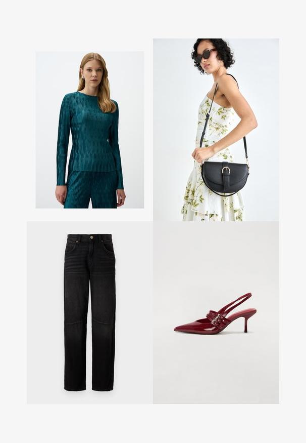 Maglia a maniche lunghe color teal con un motivo a righe testurizzato e scollo a girocollo, abbinata a pantaloni testurizzati in materiale coordinato.; Jeans in denim nero con una vestibilità dritta, cinque tasche, chiusura con bottone e leggere sfumature sulle cosce e sulle ginocchia.; Décolleté slingback in vernice rossa con punta affusolata, due cinturini con fibbia e un sottile tacco a stiletto di media altezza. Texture liscia.; Borsa a tracolla nera in pelle con una forma curva, manico rimovibile e accessori dorati. La borsa presenta una patta con un dettaglio a fibbia.