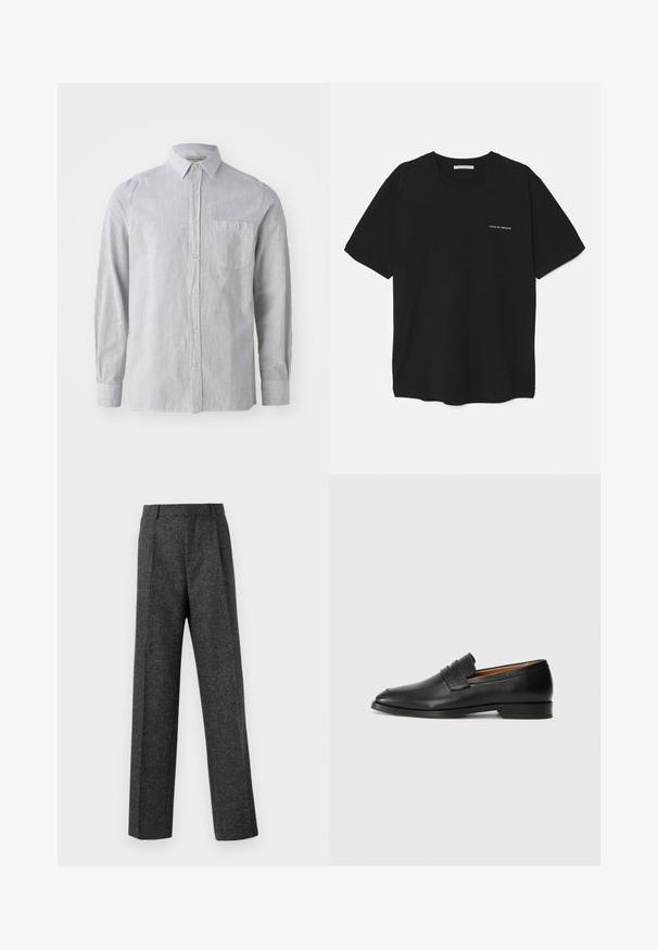 Gestreepte overhemd in lichtgrijs en wit, gemaakt van katoen, met lange mouwen, een enkele borstzak, een klassieke kraag en een rechte zoom.; Zwarte katoenen T-shirt met een ronde hals, korte mouwen en een witte logo-print op de linkerkant van de borst. Eenvoudig, effen kleur ontwerp.; Grijze op maat gemaakte broek van gestructureerde stof, met twee voorplooien en een rechte pijp. Geen zichtbare zakken of versieringen.; Zwarte leren instapper met een ronde neus, subtiele stikdetails en een lage hak, met een gladde textuur en een minimalistisch ontwerp.
