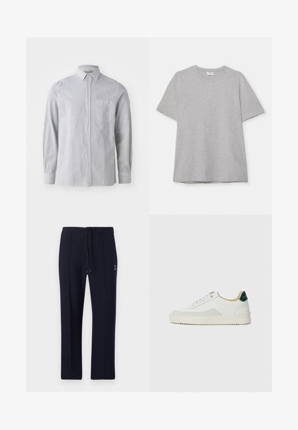 Camisa de botones a rayas en gris claro y blanco, fabricada en algodón, de mangas largas, con un solo bolsillo en el pecho, cuello clásico y dobladillo recto.; Camiseta gris de manga corta hecha de una tela suave y texturizada. Presenta un cuello redondo clásico y un dobladillo recto, adecuada para uso casual.; Pantalones navy de corte relajado, con cintura ajustable y bolsillos laterales. Tejido suave con pliegues frontales sutiles y detalle de logo.; Zapatilla blanca con acentos de ante, puntera redondeada, cordones planos y suela de goma color crema. Presenta un logo verde en el talón.