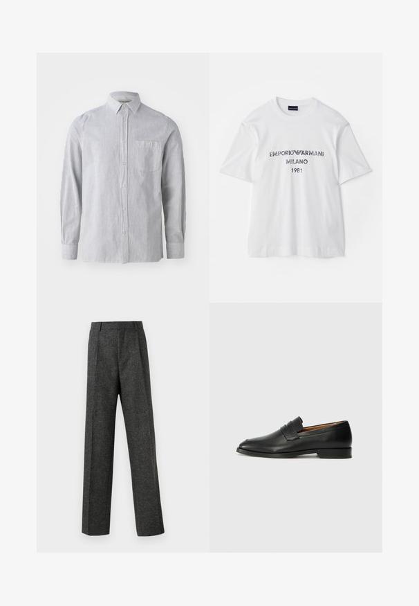 Camicia a righe grigio chiaro e bianca, in tessuto di cotone, maniche lunghe, una tasca sul petto, colletto classico, orlo dritto.; T-shirt bianca in cotone a maniche corte, con la scritta "EMPORIO ARMANI MILANO 1981" in caratteri grigio scuro e un logo. Design classico con collo a giro.; Pantaloni grigi su misura realizzati in tessuto strutturato, con due pieghe frontali e un design a gamba dritta. Nessuna tasca o decorazione visibile.; Mocassino in pelle nera con punta arrotondata, dettagli cuciti sottili e tacco basso, caratterizzato da una texture liscia e un design minimalista.