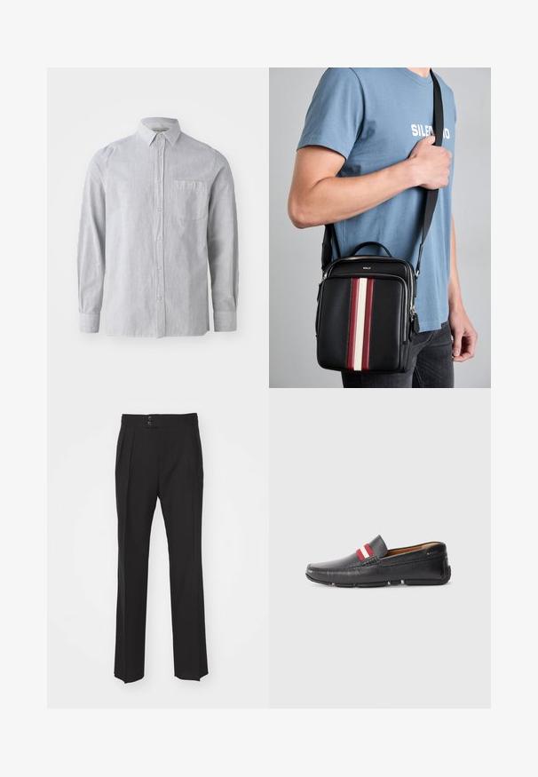 Gestreiftes Hemd in Hellgrau und Weiß, aus Baumwollstoff, mit langen Ärmeln, einer Brusttasche, klassischem Kragen und geradem Saum.; Schwarze maßgeschneiderte Hose mit geradem Bein, zwei Fronttaschen und einer doppelten Knopfverschluss an der Taille. Glatte Stoffoberfläche.; Schwarzer Leder-Slipper mit strukturierten Oberflächen, rot-weißen gestreiften Akzenten auf dem Obermaterial, runder Zehenpartie und Gummisohle.; Schwarze Leder-Crossbody-Tasche mit vertikalen Streifen in Rot, Weiß und Beige. Verfügt über einen oberen Griff und einen verstellbaren Riemen. Zipper-Verschluss sichtbar.