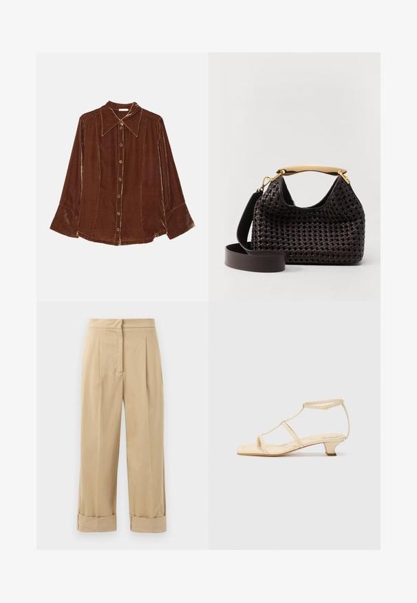 By Malene Birger ROSIANNAS - Button-down blouse - bison; Beige, wide-leg trousers with two front pleats, rolled cuffs, and a smooth texture. Made of lightweight fabric, offering a relaxed fit.; Beige heeled sandals with a T-strap design, square toe, adjustable ankle strap, and a low, block heel. Smooth leather material.; Elleme BOOMERANG WOVEN - Handbag - brown