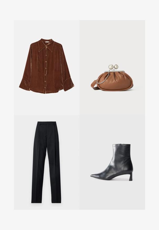 By Malene Birger ROSIANNAS - Button-down blouse - bison; Black trousers made from smooth fabric featuring a high waist, wide legs, front pleats, and classic belt loops. No side pockets visible.; Black leather ankle boot with a pointed toe and a sleek design. Features a low heel and a zipper closure at the back. Smooth texture.; Brown leather clutch purse with silver ball clasp and a small silver chain detail on a white background.