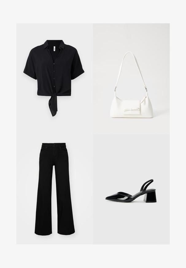 Black cropped shirt with short sleeves, a button front, and a knotted hem detail. Made of smooth fabric, designed with a classic collar.; Black wide-leg pants made of denim, featuring a structured waistband, belt loops, and front pockets. Smooth texture with a classic design.; Black patent leather slingback heels with a pointed toe and a geometric block heel. Features a sleek, minimal design and smooth texture.; White synthetic handbag with a triangular shape, flat front flap and bow detail, adjustable strap, smooth texture, and minimalistic design.