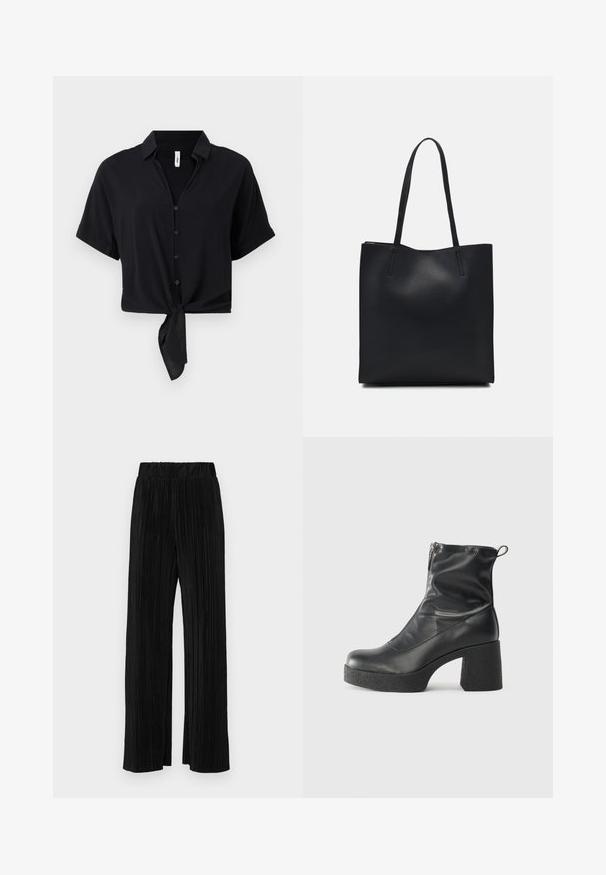 Black cropped shirt with short sleeves, a button front, and a knotted hem detail. Made of smooth fabric, designed with a classic collar.; Black pleated trousers with an elastic waistband. Features wide legs and a smooth, textured fabric with vertical stripes.; Black ankle boots made of smooth leather, featuring a side zipper, chunky textured heel, and rounded toe design.; Black leather tote bag with smooth texture, rectangular shape, and two long handles. No visible hardware or embellishments.
