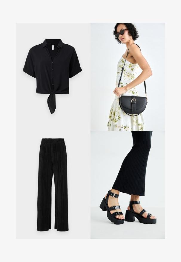 Juoda trumpa palaidinė trumpomis rankovėmis, su sagų uždarymu ir mazgo detale apačioje. Pagaminta iš lygaus audinio, sukurta su klasikinio stiliaus apykakle.; Juodi plisuoti kelnės su elastine juosta. Turėkite plačias kojas ir glotnų, tekstūrinį audinį su vertikaliais dryžiais.; Juodos platformos sandalai su storais, gilių rašto padais ir keliais dirželiais, su metaliniais sagtelėmis ir glotnia oda primenančia tekstūra.; Juodas odinis krepšys su išlenkta forma, nuimamu dirželiu ir auksiniais detalėmis. Krepšys turi kilpą su sagtimi.