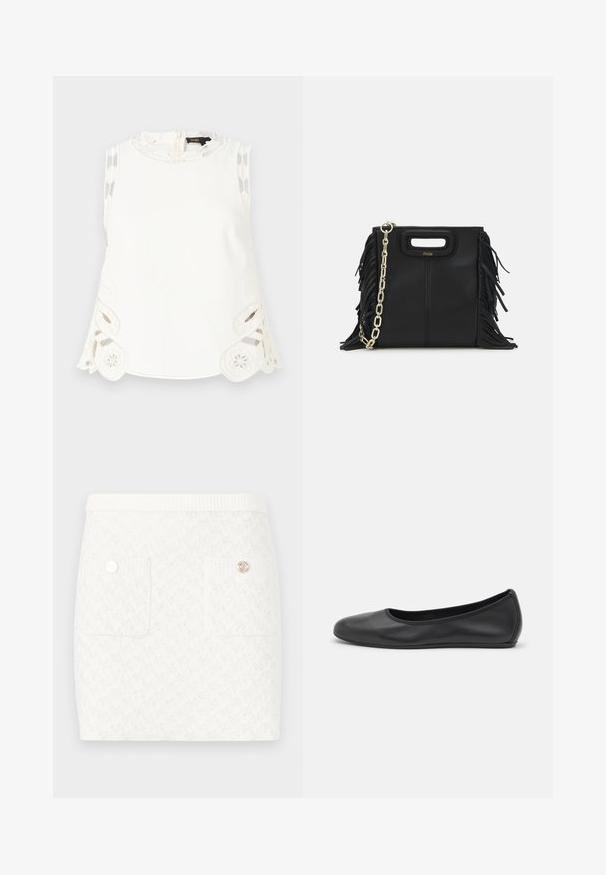 Maje LAURESQUE - Top - ecru; Short white skirt with a textured pattern, featuring two front pockets and decorative gold-tone buttons. Elastic waistband for comfort.; Black leather ballet flat with a rounded toe, smooth texture, minimal stitching detail, and a flexible sole design.; Black leather handbag with fringe details, gold chain shoulder strap, and a cut-out handle. Features logo placement on the front.