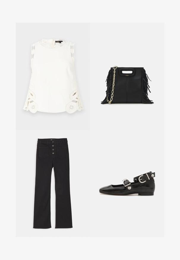 Maje LAURESQUE - Toppi - ecru; Laadukas tummansininen farkku-paita, jossa on tukeva kaulus, lyhyet hihat ja kaksi etutaskua, joissa on nepparit; valkoiset ompeleet korostavat tyyliä.; Mustat farkut, joissa on leveät lahkeet, korkea vyötärö, viisi taskua ja edessä neljä metallista nappia.; Musta patenttinahkainen tasapohjainen kenkä suoralla varvastyöllä, nilkkahihna hopeisilla yksityiskohdilla ja tasainen pohja. Sileä pinta ja minimalistinen muotoilu.; Musta nahkakäekott, millel on frantsiisidetailid, kuldne õlgade rihm ja lõikega käepide. Ees on logo paigutus.