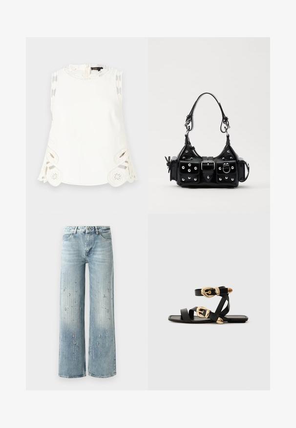 Maje LAURESQUE - Top - ecru; Hellblaue weite Jeans aus Denim, ausgestattet mit einem Farbverlaufseffekt und Verzierungen aus silbernen Strasssteinen in vertikalem Muster.; Schwarze Ledersandalen mit goldenen Schnallenakzenten, die mehrere Riemen und ein flaches Sohlendesign für das Tragen mit offenen Zehen bieten.; Schwarze Lederhandtasche mit einem geschwungenen Design, verziert mit silbernen Nieten, einer Schnalle und zwei seitlichen Taschen. Verstellbarer Träger für verschiedene Tragemöglichkeiten.