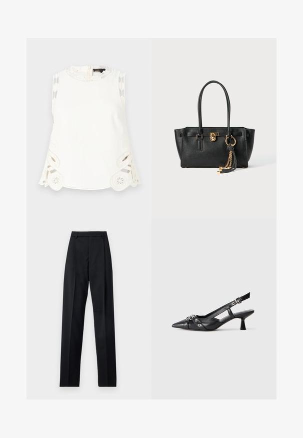 Maje LAURESQUE - Top - ecru; Black trousers made from smooth fabric featuring a high waist, wide legs, front pleats, and classic belt loops. No side pockets visible.; Black leather slingback shoe with a pointed toe, decorative straps featuring metal eyelets, and a low block heel. Textured surface.; Black leather handbag with double handles, gold lock and chain detail, and black-and-white tassel accessory against white background.