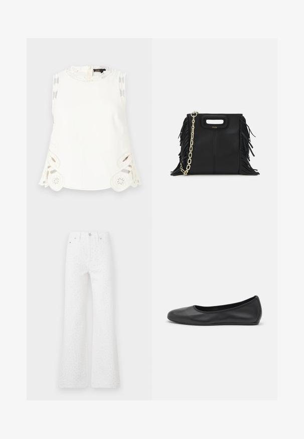 Maje LAURESQUE - Top - ecru; Weiße, ausgestellte Jeans aus texturiertem Stoff mit schwarzen Punkten. Fünf-Taschen-Design mit einem Vorderknopf und Reißverschluss.; Schwarze Leder-Ballettschuhe mit abgerundeter Spitze, glatter Textur, minimalen Nähdetails und einem flexiblen Sohlen-Design.; Schwarze Lederhandtasche mit Fransen-Details, goldener Ketten-Schulterriemen und einem ausgeschnittenen Griff. Mit Logoplatzierung auf der Vorderseite.