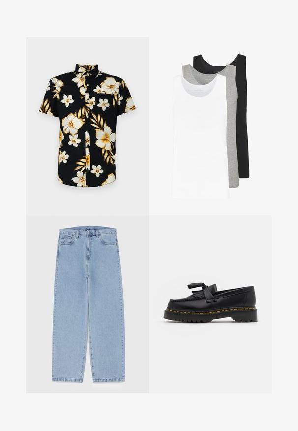 Cămașă cu mânecă scurtă, neagră, cu nasturi, decorată cu modele florale mari albe și aurii, guler clasic și un buzunar pe pieptul stâng.; Trei cămăși fără mâneci în alb, gri și negru. Fiecare are un design clasic fără mâneci, fiind realizată dintr-un material din bumbac ușor, cu o textură ribbed.; Jeans din denim de culoare albastru deschis, cu un design cu picioare drepte, având talie medie, cinci buzunare și un sistem de închidere cu nasture și fermoar.; Mocasini din piele neagră cu un accent ciufulit, având o talpă groasă neagră și cusături galbene pe margine. Finisaj texturat.