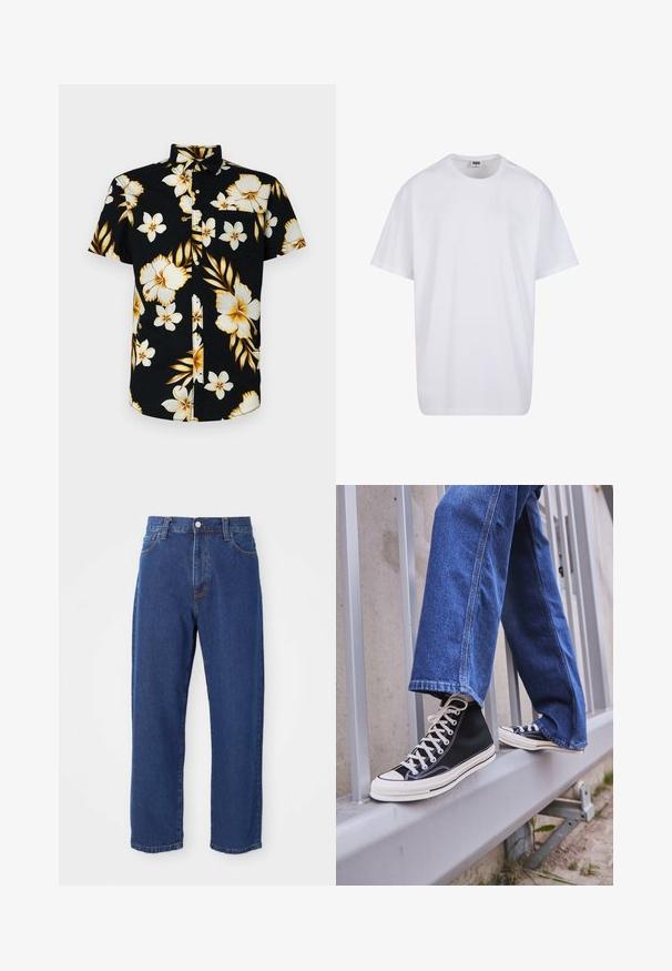 Kortermet, svart skjorte med knapper som har store white og gull blomster mønstre, klassisk krage, og en lompe på venstre bryst.; Hvit bomull t-skjorte med korte ermer, rund utringning, avslappet passform, og ingen synlige logoer eller mønstre. Glatt tekstur og minimalistisk design.; Høyt midjet blå jeans laget av denim, med rett ben silhuett, synlig søm og front knappelukking.; Svarte høy-hælte joggesko med hvit såle og snøring, paired med løse blå denim-jeans, hvilende på et grått rekkverk.