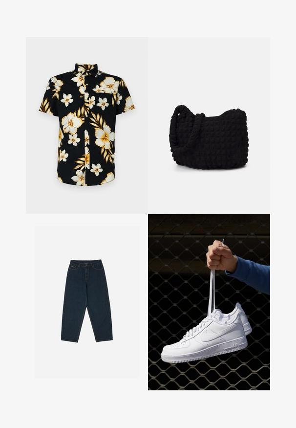 Kortærmet, sort skjorte med knapper, der har store hvide og gyldne blomstermønstre, en klassisk krave og en lomme på venstre bryst.; Mørkeblå højtaljede jeans med afslappet pasform, udstyret med fem lommer og knaplukning. Fremstillet af denim med en glat overflade.; Hvide lædersneakers med perforeringer, rund tå, flad sål og tykke snørebånd, med et synligt swoosh-logo og "AIR" på hælen.; Sort stofpose med en struktureret, quilted mønster. Rund form, korte, tykke håndtag, og en blød, fleksibel struktur.