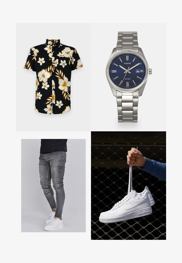 Camicia nera con maniche corte e bottoni, caratterizzata da grandi motivi floreali bianchi e dorati, colletto classico e taschino sulla sinistra.; Jeans skinny in denim grigio sbiadito, con dettagli strappati sulle ginocchia, abbinati a sneakers bianche. Texture liscia, design slim fit.; Sneakers in pelle bianca con perforazioni, punta rotonda, suola piatta e lacci spessi, con logo swoosh visibile e "AIR" sul tallone.; Orologio da polso in acciaio inossidabile argento con quadrante blu navy, indici metallici e finestra della data alle 3. Resistente all'acqua fino a 50 metri.