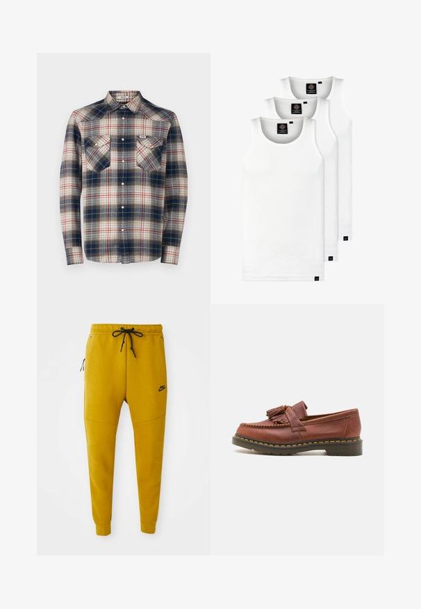 Flanellskjorta med ett rutmönster i blått, rött och krämfärgat; långa ärmar; två bröstfickor; pärltryckknappar; och en klassisk krage.; Tre vita ribbade linnen i bomull. Har rund halsringning och små svarta etiketter vid fållen. Finns i flera storlekar.; Nike joggers i livlig senapsgul, tillverkade av mjukt tyg. De har resårmidja med dragsko, sidofickor med dragkedja och smalnande ben.; Bruna lädermokasiner med tofsdekorationer, texturerad yta och kontrasterande gul söm längs den svarta gummisulan. Sida vy.