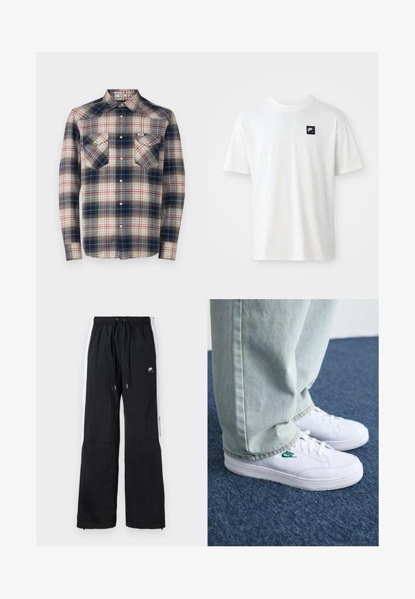 Flanel ing, amely kék, piros és krém színű kockás mintával rendelkezik; hosszú ujjú; két mellzsebbel; gyöngygombokkal; és klasszikus gallérral.; Fehér pamut póló rövid ujjú, kerek nyakkal; az első bal oldalon egy kis fekete téglalap alakú Nike Air logó található.; Fekete sportnadrág rugalmas derékrésszel, fehér oldalsávokkal, cipzáras szárakkal és gumírozott logórésszel az elején.; Fehér bőr sportcipők zöld Nike logóval, kerek orral, lapos talppal, világoskék farmernadrággal párosítva, kék szőnyegen bemutatva.