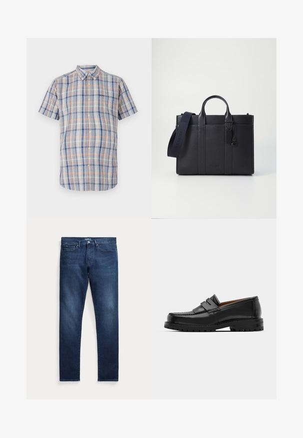 Camisa de manga curta em tecido de algodão, com padrão xadrez azul, laranja e amarelo, colarinho abotoado e bolso no peito.; Calças de ganga azul escura com corte de perna reta, com cinco bolsos, fecho de botão e ligeiro desgaste próximo às coxas.; Os mocassins de couro preto apresentam uma costura elevada, duas tiras decorativas na parte superior e uma sola grossa e texturizada para maior aderência.; Pasta de couro azul-marinho escura com alças superiores duplas e uma alça destacável. Apresenta um acabamento texturizado, costura vertical e detalhe do logotipo.