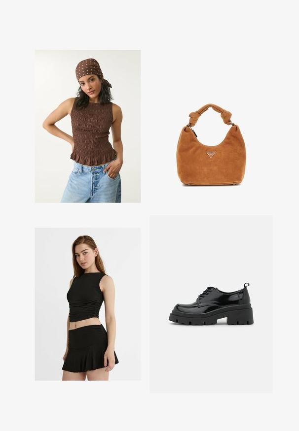 Brauner, geraffter Tanktop mit einem rüschenbesetzten Saum, aus einem strukturierten Stoff. Kombiniert mit hellblauen Jeans. Ein gepunkteter Schal rundet das Outfit ab.; Schwarz, zweiteiliges Outfit mit einem ärmellosen, cropped Top mit Raffung und einem ausgestellten Minirock, beides aus einem glatten, dehnbaren Stoff.; Schwarze Lacklederschuhe mit einer klobigen Plateau-Sohle und dicken Schnürsenkeln. Abgerundete Zehenpartie, minimale Details und eine kleine Fersenschlaufe auf der Rückseite.; Hobo-Tasche aus weichem, tanfarbenem Wildleder mit einem geknoteten Griff, ausgestattet mit einem silbernen, dreieckigen Logo und einem Reißverschluss oben.