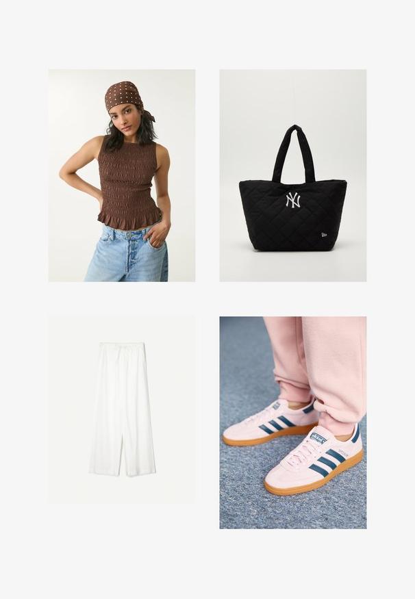 Top smock beige con orlo arricciato, caratterizzato da un tessuto texture. Abbinato a jeans di denim blu chiaro. Una sciarpa a pois completa il look.; Pantaloni bianchi a gamba larga con cintura regolabile, mostrati su uno sfondo neutro, che enfatizzano il loro stile rilassato e la trama del tessuto.; Sneaker in suede rosa chiaro con strisce in pelle blu scuro e suola in gomma. Le caratteristiche includono lacci piatti e branding sul lato e sulla linguetta.; Borsa a spalla nera imbottita con doppi manici, dotata di un logo bianco dei New York Yankees e un piccolo emblema del marchio sul lato.